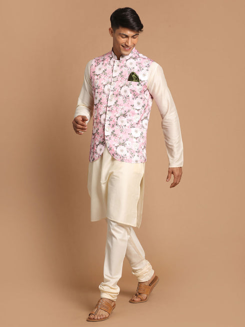 Men's Pink Digital Floral Printed Royal Angrakha Nehru Jacket With Cream Kurta Pyjama Set
